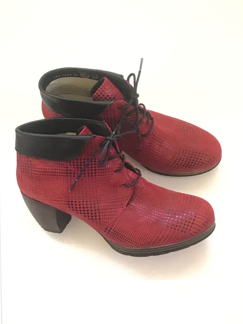 WOLKY Suede Lace-Up Booties Red Black Jacquerie Heeled Boots Women’s Size 9.5